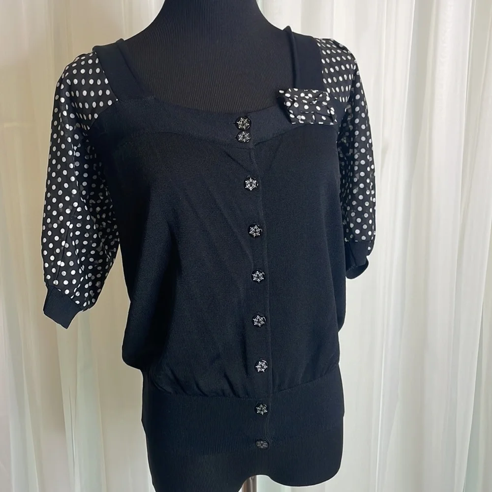 2-pc Black with white Polka dotted YUKA Blouse, size L